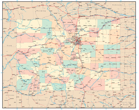 Colorado Map with Counties, Cities, County Seats, Major Roads, Rivers and Lakes