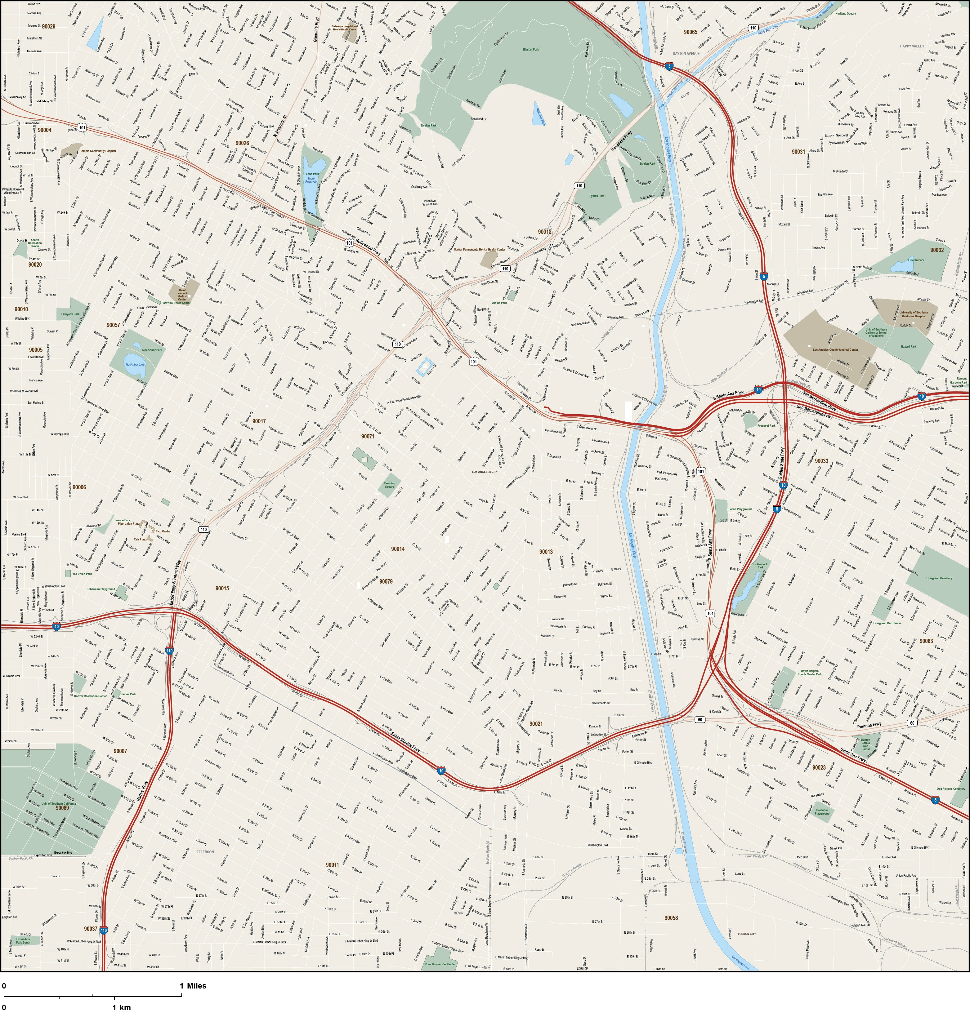 Los Angeles, CA Digital Vector Map - City Center with Local Streets