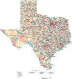 Texas State Map - Multi-Color Cut-Out Style - with Counties, Cities, County Seats, Major Roads, Rivers and Lakes