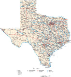 Texas Map - Cut Out Style - with Capital, County Boundaries, Cities, Roads, and Water Features
