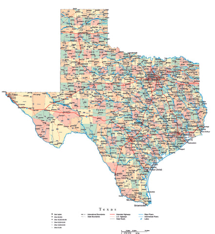 Texas Map - Cut-Out Style with Cities, Roads, Water Features and Terrain Background