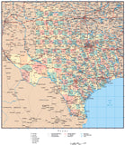 Texas Map with Counties, Cities, County Seats, Major Roads, Rivers and Lakes