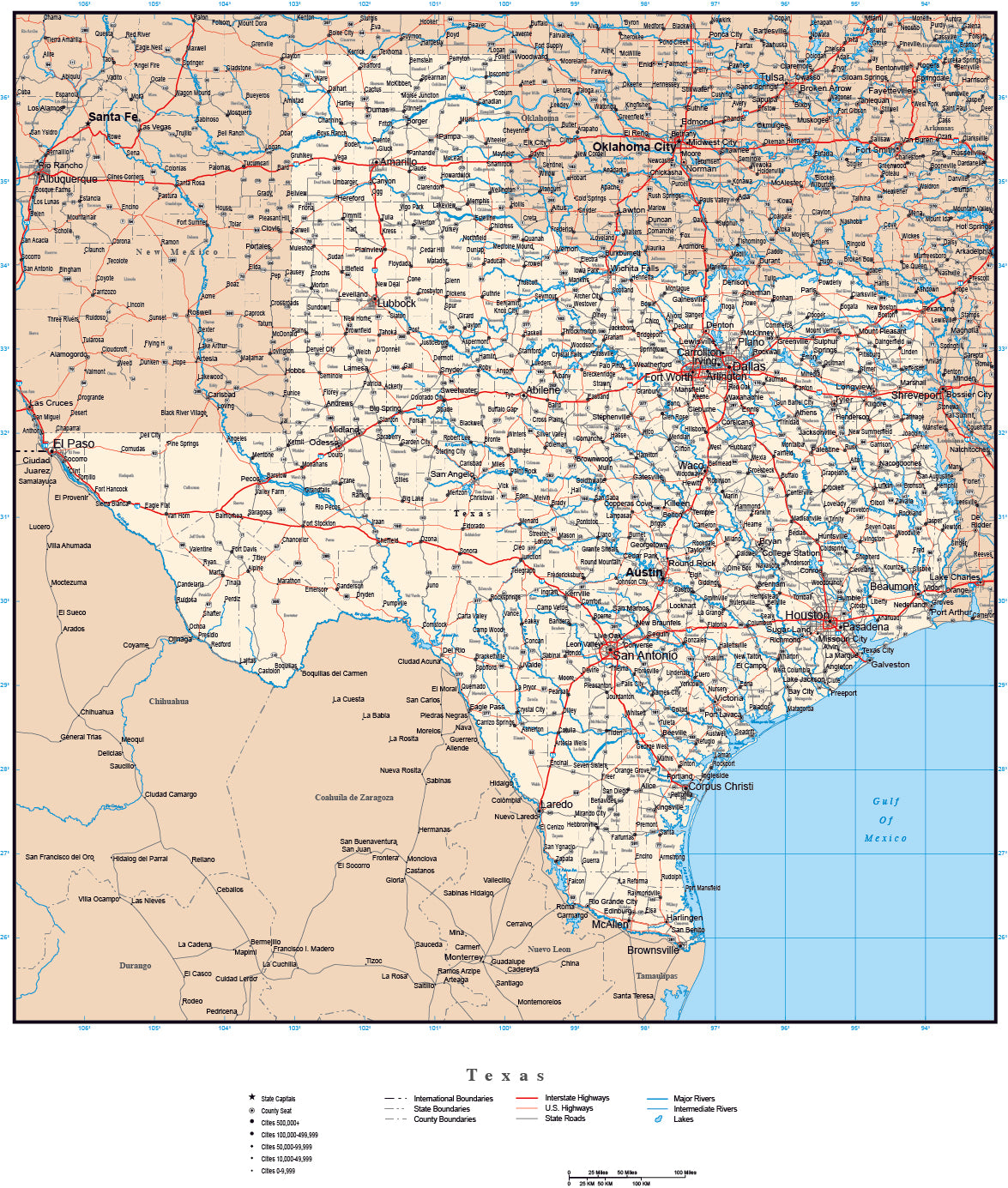 Texas Feature Map Texas map in Adobe Illustrator vector format