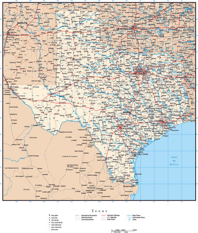Texas Map with Capital, County Boundaries, Cities, Roads, and Water Features