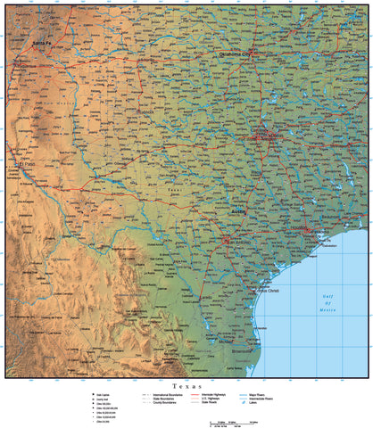 Texas Map Plus Terrain with Cities  Roads and Water Features