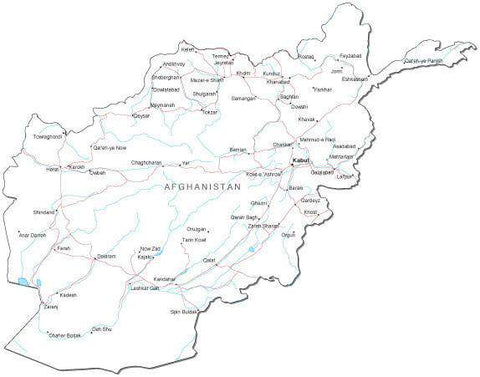 Afghanistan Black & White Map with Capital, Major Cities, Roads, and Water Features