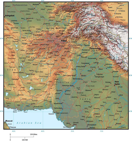 Afghanistan & Pakistan Map with Provincial Boundaries plus Terrain