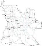 Angola Black & White Map with Capital, Major Cities, Roads, and Water Features