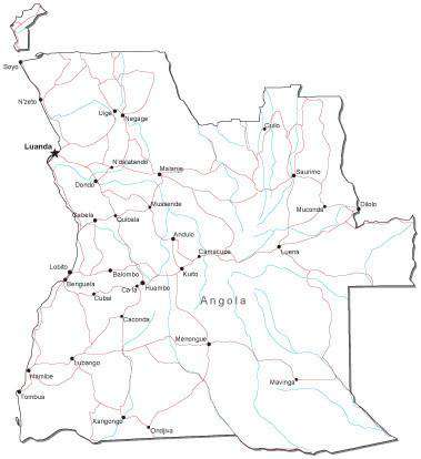 Angola Black & White Map with Capital, Major Cities, Roads, and Water Features