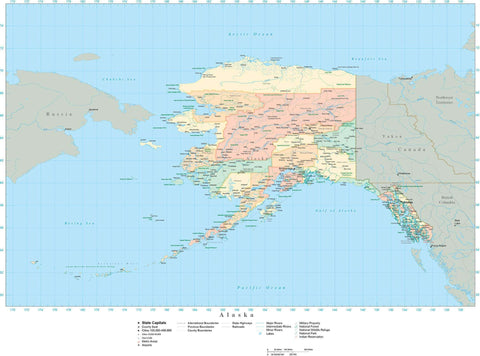 Detailed Alaska Digital Map with Counties, Cities, Highways, Railroads, Airports, and more