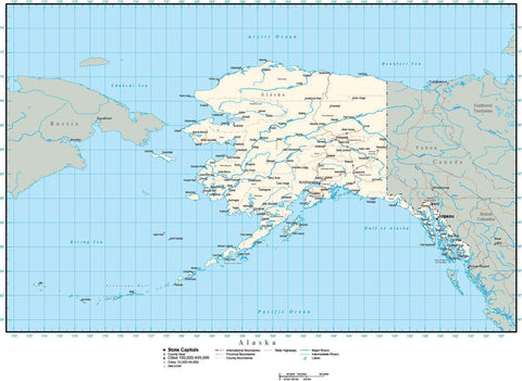 Alaska Map with Capital, County Boundaries, Cities, Roads, and Water Features