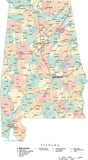 Alabama State Map - Multi-Color Cut-Out Style - with Counties, Cities, County Seats, Major Roads, Rivers and Lakes