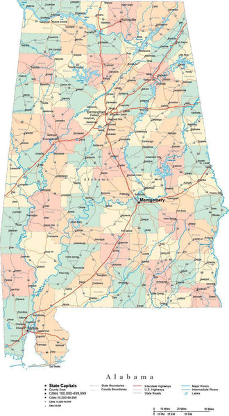 Alabama Digital Vector Map With Counties Major Cities Roads Rivers AL USA 081864 Grande 