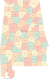 Multi Color Alabama Map with Counties and County Names