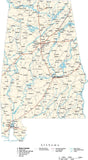 Alabama Map - Cut Out Style - with Capital, County Boundaries, Cities, Roads, and Water Features
