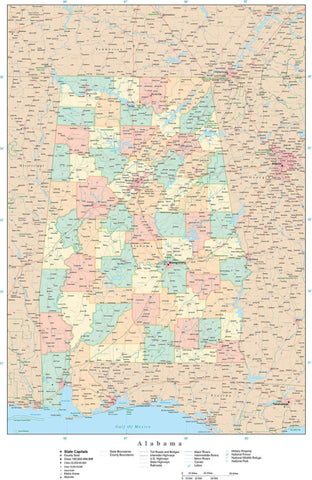 Detailed Alabama Digital Map with Counties, Cities, Highways, Railroads, Airports, and more