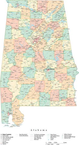 Detailed Alabama Cut-Out Style Digital Map with Counties, Cities, Highways, and more