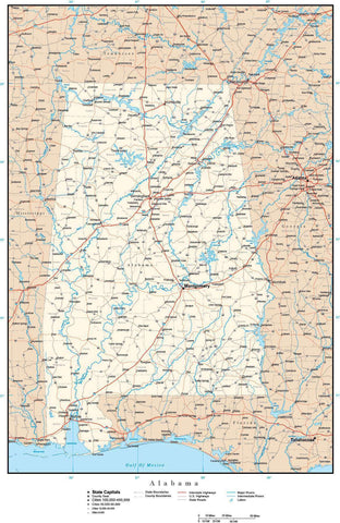 Alabama Map with Capital, County Boundaries, Cities, Roads, and Water Features
