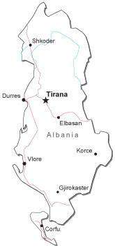 Albania Black & White Map with Capital, Major Cities, Roads, and Water Features