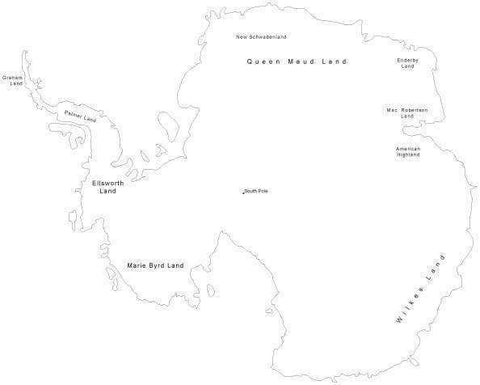 Digital Antarctica Map with Place Names - Black & White