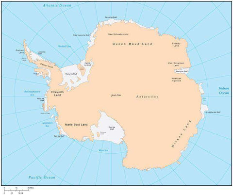 Single Color Antarctica Map with Countries, Capitals, Major Cities and Water Features