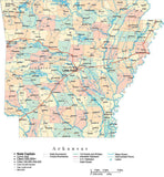 Arkansas Map - Cut Out Style - with Counties, Cities, County Seats, Major Roads, Rivers and Lakes