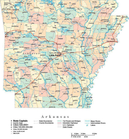 Arkansas Map - Cut Out Style - with Counties, Cities, County Seats, Major Roads, Rivers and Lakes