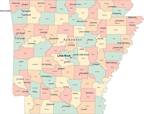Multi Color Arkansas Map with Counties, Capitals, and Major Cities