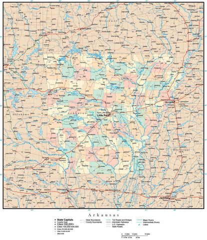 Arkansas Map with Counties, Cities, County Seats, Major Roads, Rivers and Lakes