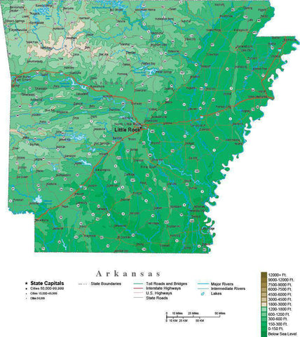 Arkansas Map  with Contour Background - Cut Out Style
