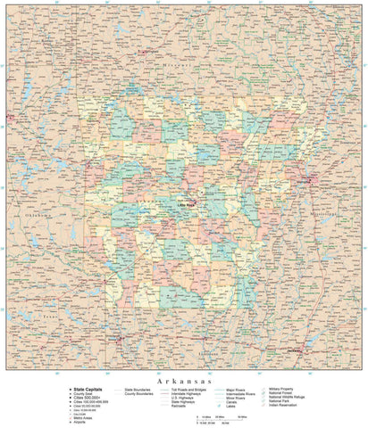 Detailed Arkansas Digital Map with Counties, Cities, Highways, Railroads, Airports, and more