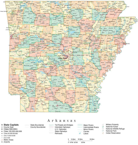 Detailed Arkansas Cut-Out Style Digital Map with Counties, Cities, Highways, and more