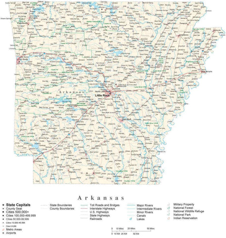 Detailed Arkansas Cut-Out Style Digital Map with County Boundaries, Cities, Highways, and more