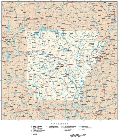 Arkansas Map with Capital, County Boundaries, Cities, Roads, and Water Features