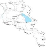 Armenia Black & White Map with Capital, Major Cities, Roads, and Water Features