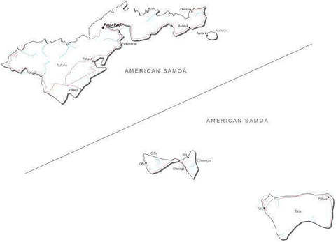 American Samoa Black & White Map with Capital, Major Cities, Roads, and Water Features