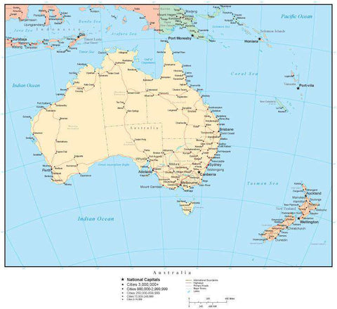 Download 24/7. Australia Map with Countries, Australian States, Capitals, Cities, Roads and Water Features
