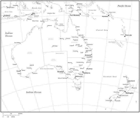 Black & White Australia Map with Australian States, Capitals and Major Cities