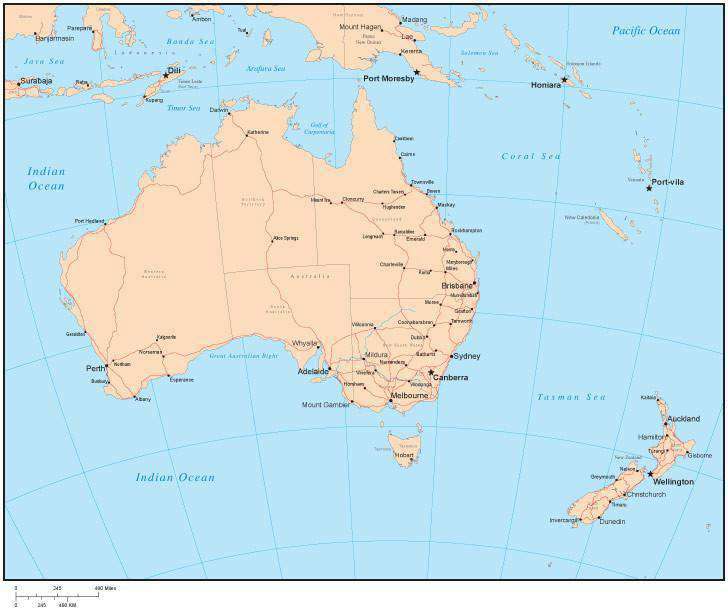 Single Color Australia Map with Australian States and Major Cities
