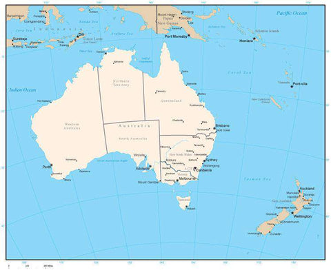 Australia Digital Vector Map with State Areas and Capitals