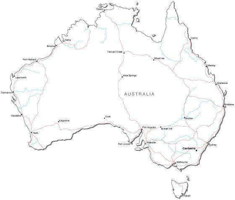 Australia Black & White Map with Capital Major Cities and Roads