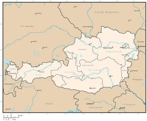 Austria Digital Vector Map with State Areas and Capitals