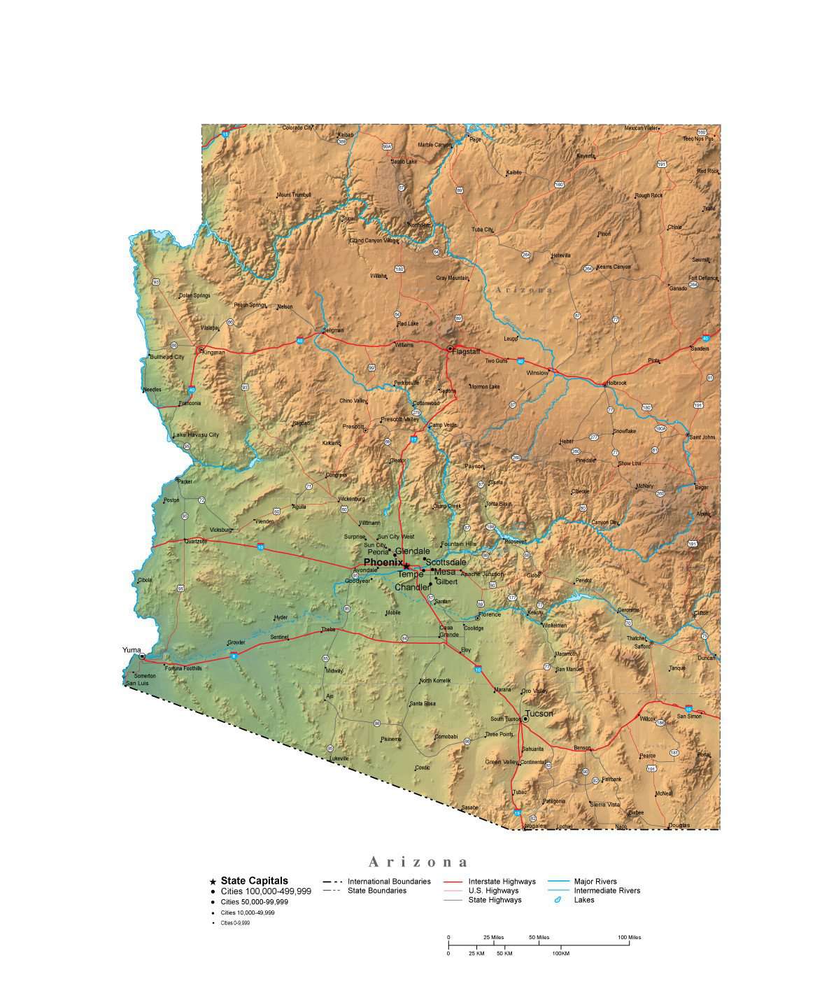 Clean Arizona Map Arizona Illustrator Vector Map with Cities, Roads and Photoshop Terrain ...