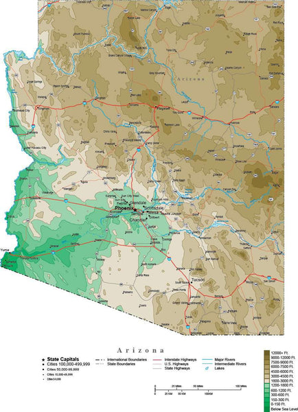 Arizona Contour Map in Adobe Illustrator Digital Vector Format