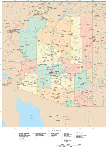 Detailed Arizona Digital Map with Counties, Cities, Highways, Railroads, Airports, and more