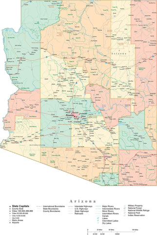 Detailed Arizona Cut-Out Style Digital Map with Counties, Cities, Highways, and more