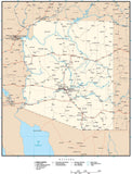 Arizona Map with Capital, County Boundaries, Cities, Roads, and Water Features