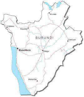 Burundi Black & White Map with Capital, Major Cities, Roads, and Water Features