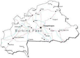 Burkina Faso Black & White Map with Capital, Major Cities, Roads, and Water Features