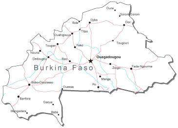 Burkina Faso Black & White Map with Capital, Major Cities, Roads, and Water Features